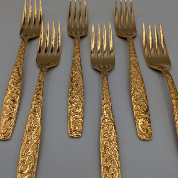 Americana Golden Heritage Flatware Golden Scroll 6 Dinner Forks 6.75" Vintage - Picture 4 of 14